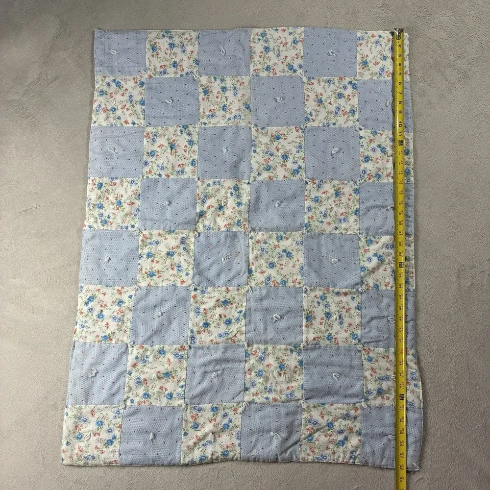 Handmade Baby Lap Quilt Blue Floral Block Yarn Ties 31.5x42 Blanket Cottagecore